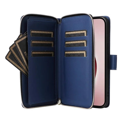 R20 For iPhone 16 Pro Max Case Zipper PU Leather Phone Cover with 9 Card Slots