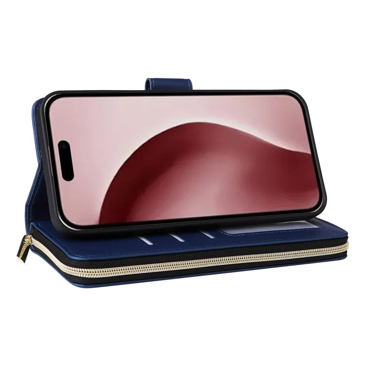 R20 For iPhone 16 Pro Max Case Zipper PU Leather Phone Cover with 9 Card Slots