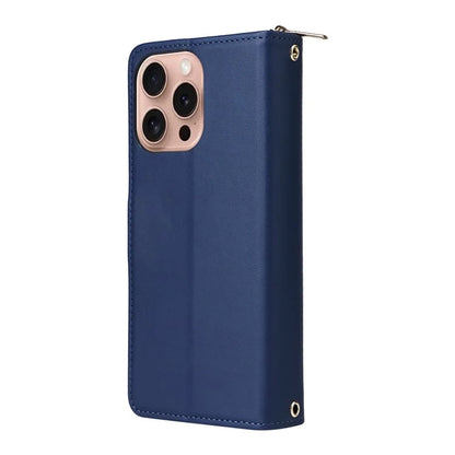 R20 For iPhone 16 Pro Max Case Zipper PU Leather Phone Cover with 9 Card Slots