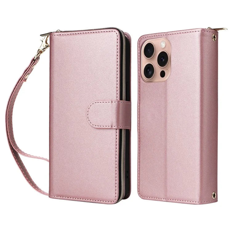 R20 For iPhone 16 Pro Max Case Zipper PU Leather Phone Cover with 9 Card Slots