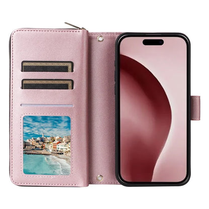 R20 For iPhone 16 Pro Max Case Zipper PU Leather Phone Cover with 9 Card Slots