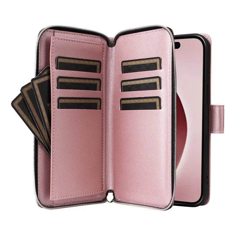 R20 For iPhone 16 Pro Max Case Zipper PU Leather Phone Cover with 9 Card Slots