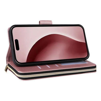 R20 For iPhone 16 Pro Max Case Zipper PU Leather Phone Cover with 9 Card Slots