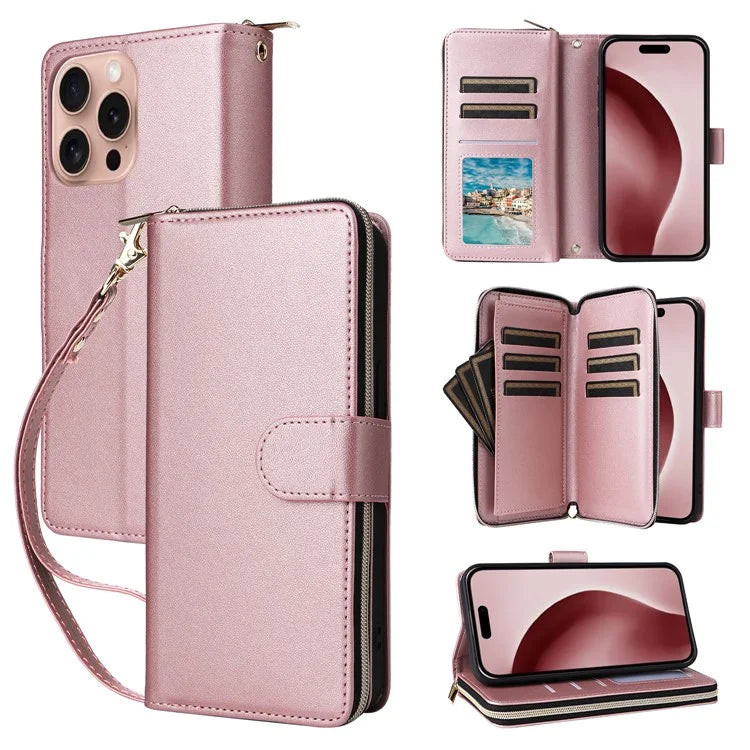 R20 For iPhone 16 Pro Max Case Zipper PU Leather Phone Cover with 9 Card Slots