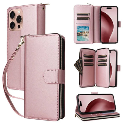 R20 For iPhone 16 Pro Max Case Zipper PU Leather Phone Cover with 9 Card Slots