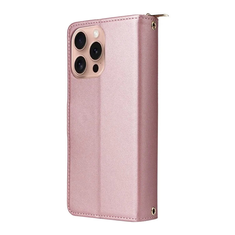 R20 For iPhone 16 Pro Max Case Zipper PU Leather Phone Cover with 9 Card Slots
