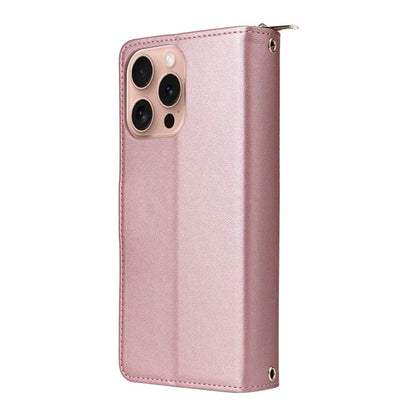 R20 For iPhone 16 Pro Max Case Zipper PU Leather Phone Cover with 9 Card Slots