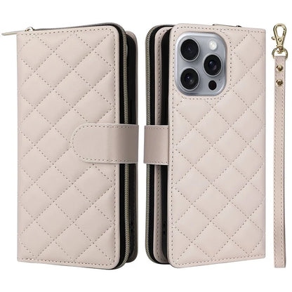 For iPhone 16 Pro Max Case Zipper Wallet Rhombus Crossbody Leather Phone Bag