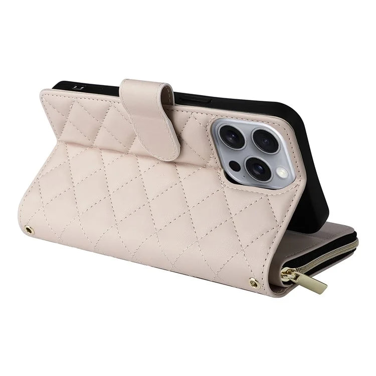 For iPhone 16 Pro Max Case Zipper Wallet Rhombus Crossbody Leather Phone Bag