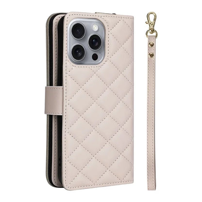 For iPhone 16 Pro Max Case Zipper Wallet Rhombus Crossbody Leather Phone Bag