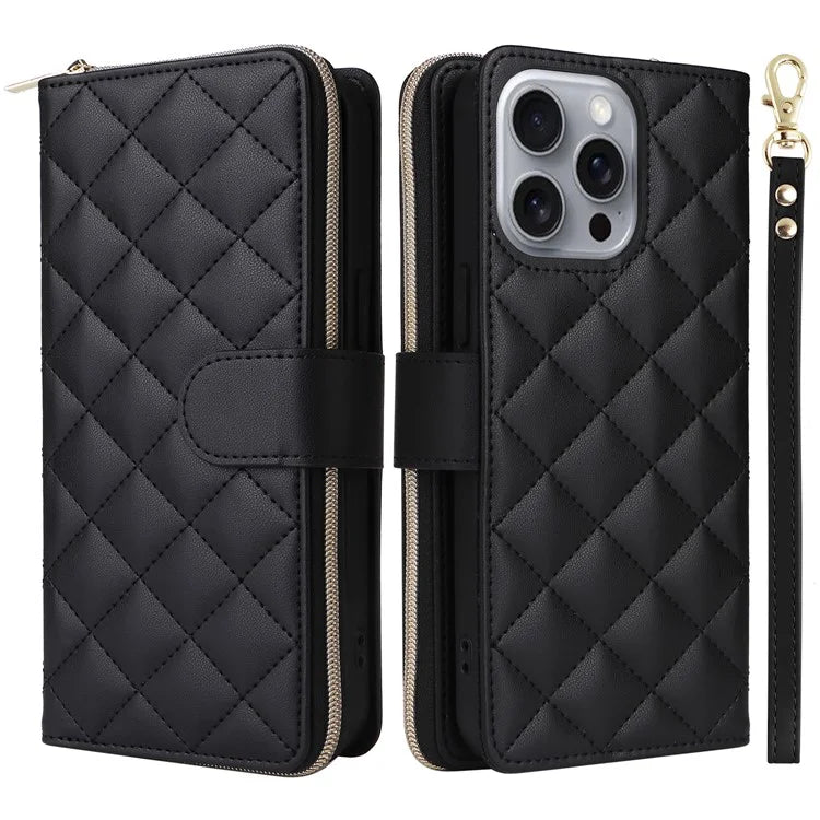 For iPhone 16 Pro Max Case Zipper Wallet Rhombus Crossbody Leather Phone Bag