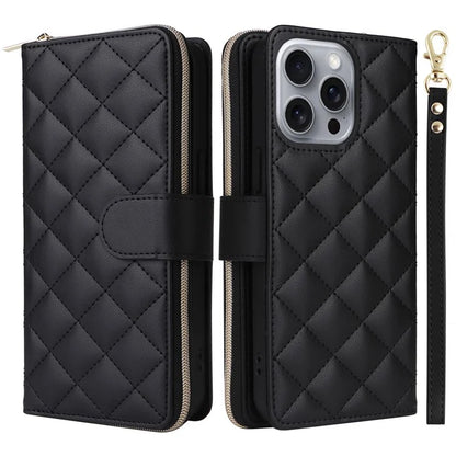 For iPhone 16 Pro Max Case Zipper Wallet Rhombus Crossbody Leather Phone Bag