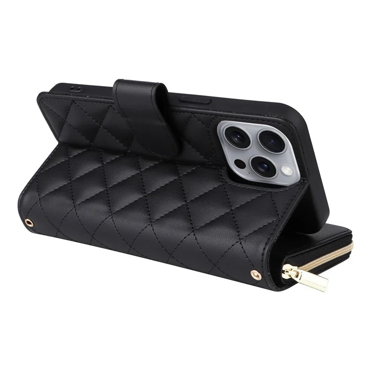 For iPhone 16 Pro Max Case Zipper Wallet Rhombus Crossbody Leather Phone Bag
