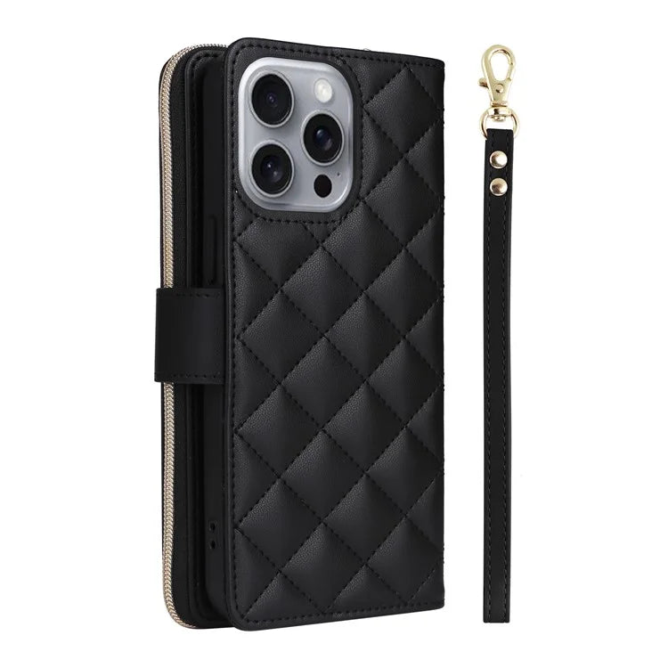 For iPhone 16 Pro Max Case Zipper Wallet Rhombus Crossbody Leather Phone Bag