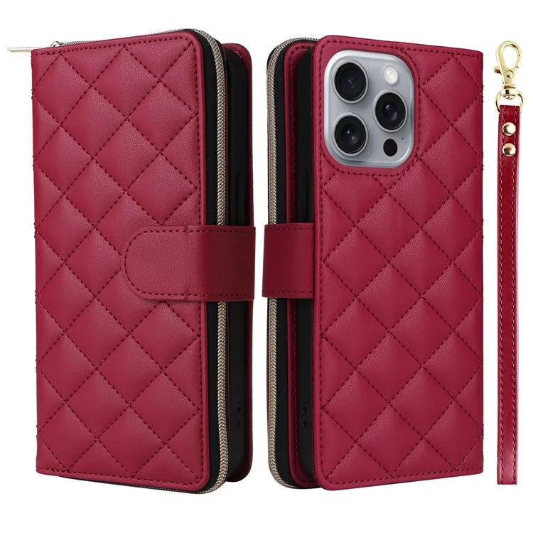 For iPhone 16 Pro Max Case Zipper Wallet Rhombus Crossbody Leather Phone Bag