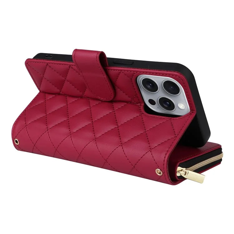 For iPhone 16 Pro Max Case Zipper Wallet Rhombus Crossbody Leather Phone Bag