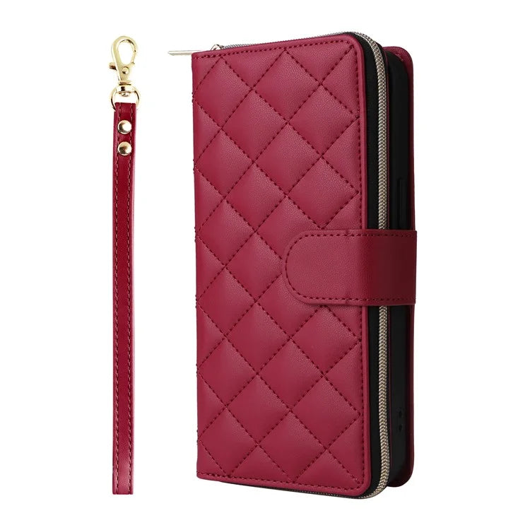For iPhone 16 Pro Max Case Zipper Wallet Rhombus Crossbody Leather Phone Bag