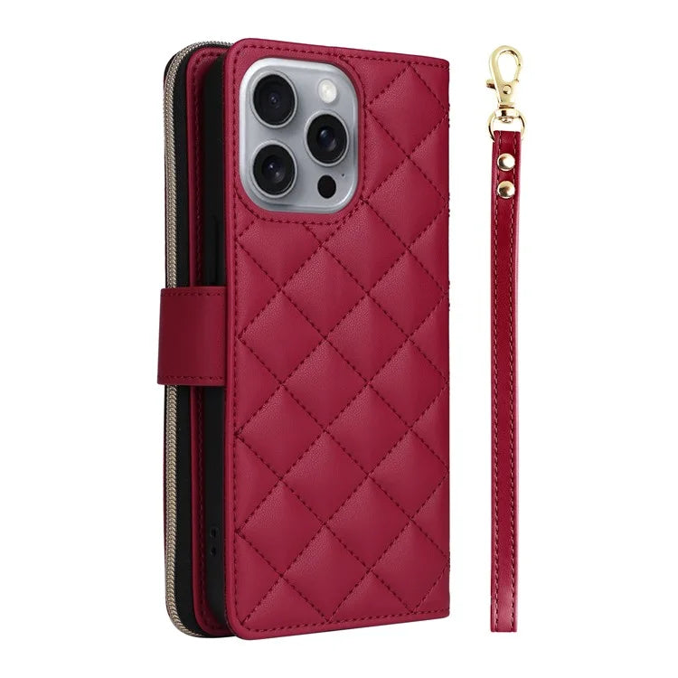 For iPhone 16 Pro Max Case Zipper Wallet Rhombus Crossbody Leather Phone Bag