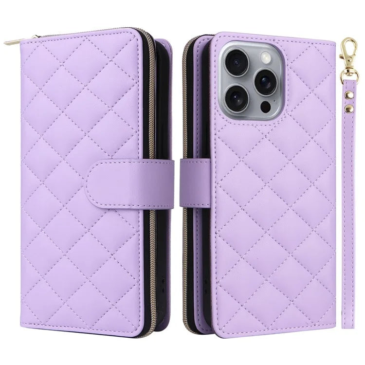 For iPhone 16 Pro Max Case Zipper Wallet Rhombus Crossbody Leather Phone Bag