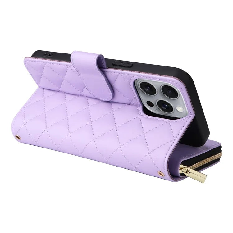 For iPhone 16 Pro Max Case Zipper Wallet Rhombus Crossbody Leather Phone Bag