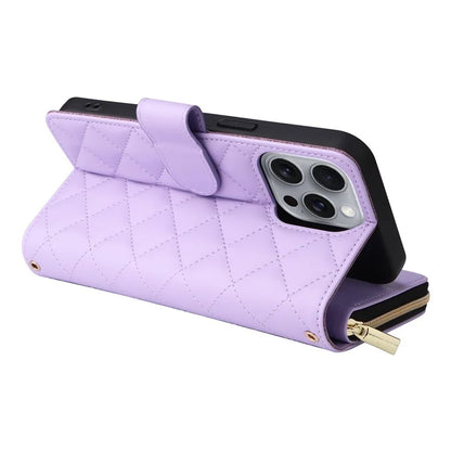 For iPhone 16 Pro Max Case Zipper Wallet Rhombus Crossbody Leather Phone Bag
