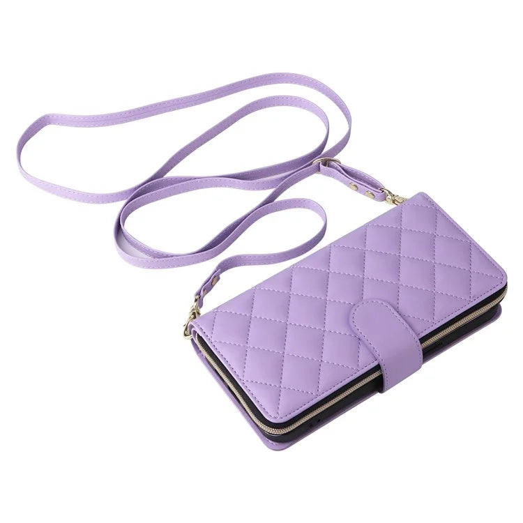 For iPhone 16 Pro Max Case Zipper Wallet Rhombus Crossbody Leather Phone Bag