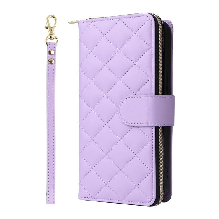 For iPhone 16 Pro Max Case Zipper Wallet Rhombus Crossbody Leather Phone Bag