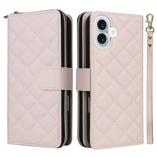 For iPhone 16 Leather Case Zipper Wallet Phone Bag with Shoulder Strap and Hand Strap