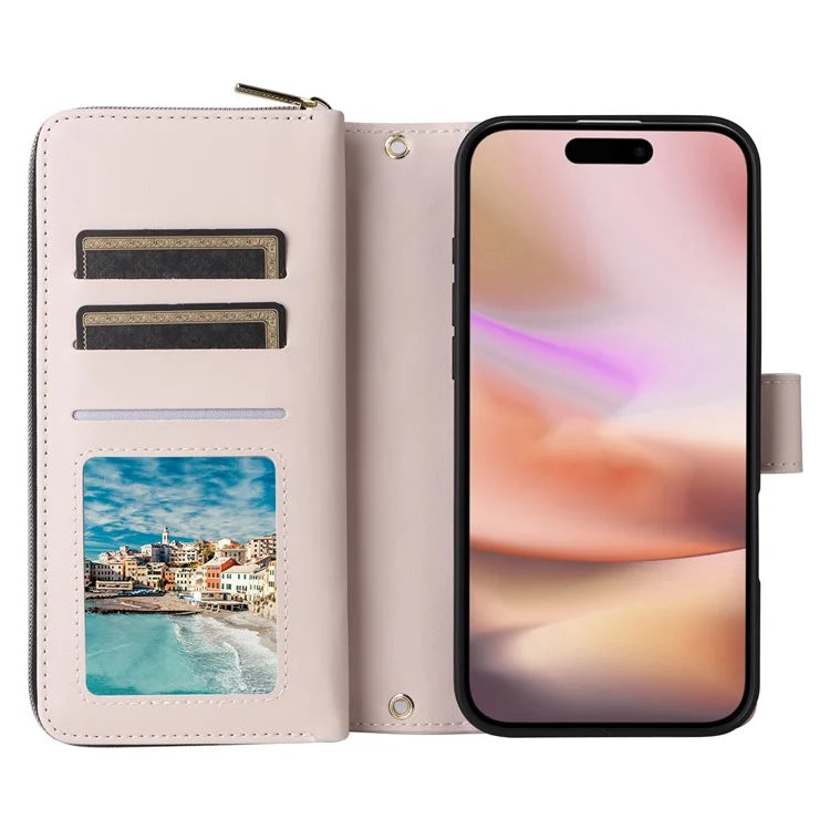 For iPhone 16 Leather Case Zipper Wallet Phone Bag with Shoulder Strap and Hand Strap