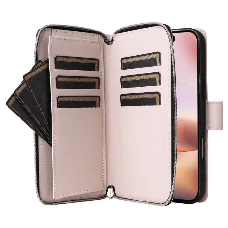 For iPhone 16 Leather Case Zipper Wallet Phone Bag with Shoulder Strap and Hand Strap