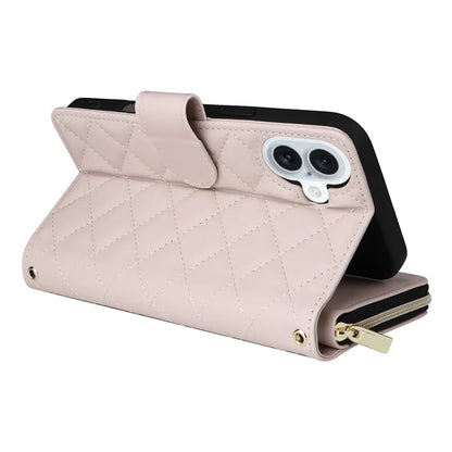 For iPhone 16 Leather Case Zipper Wallet Phone Bag with Shoulder Strap and Hand Strap