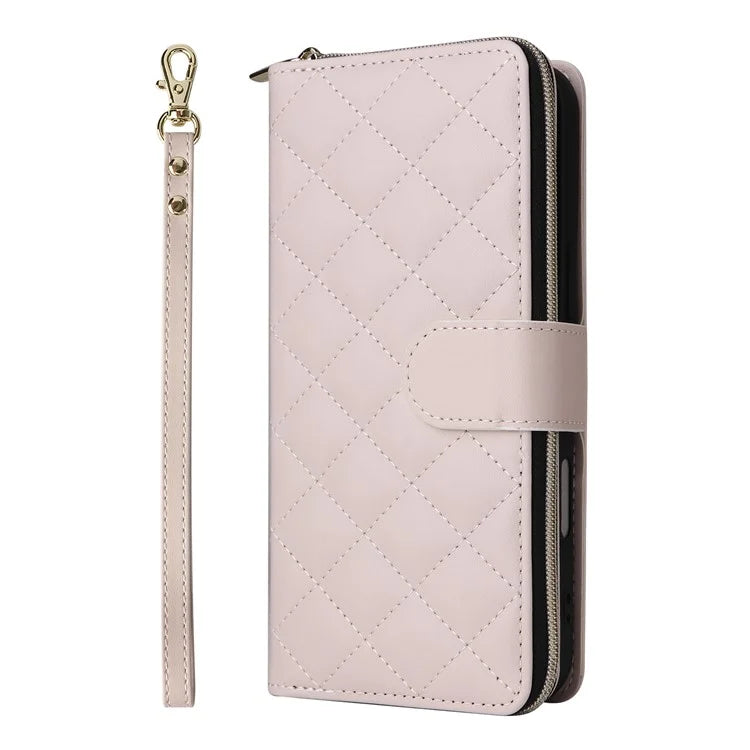 For iPhone 16 Leather Case Zipper Wallet Phone Bag with Shoulder Strap and Hand Strap