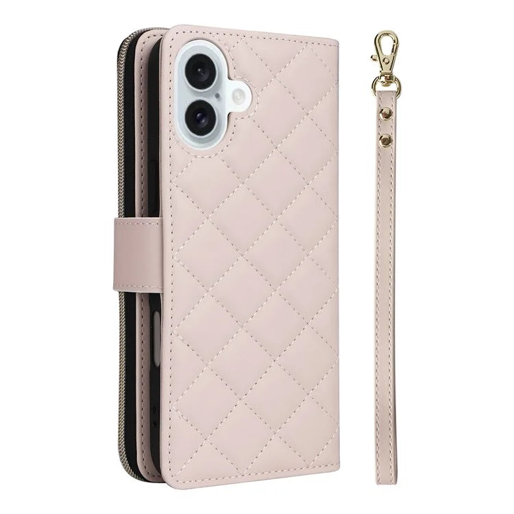For iPhone 16 Leather Case Zipper Wallet Phone Bag with Shoulder Strap and Hand Strap