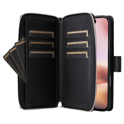 For iPhone 16 Leather Case Zipper Wallet Phone Bag with Shoulder Strap and Hand Strap