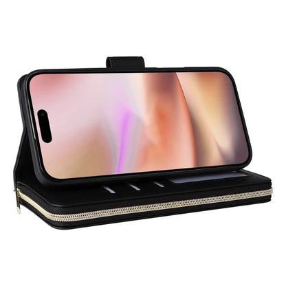 For iPhone 16 Leather Case Zipper Wallet Phone Bag with Shoulder Strap and Hand Strap
