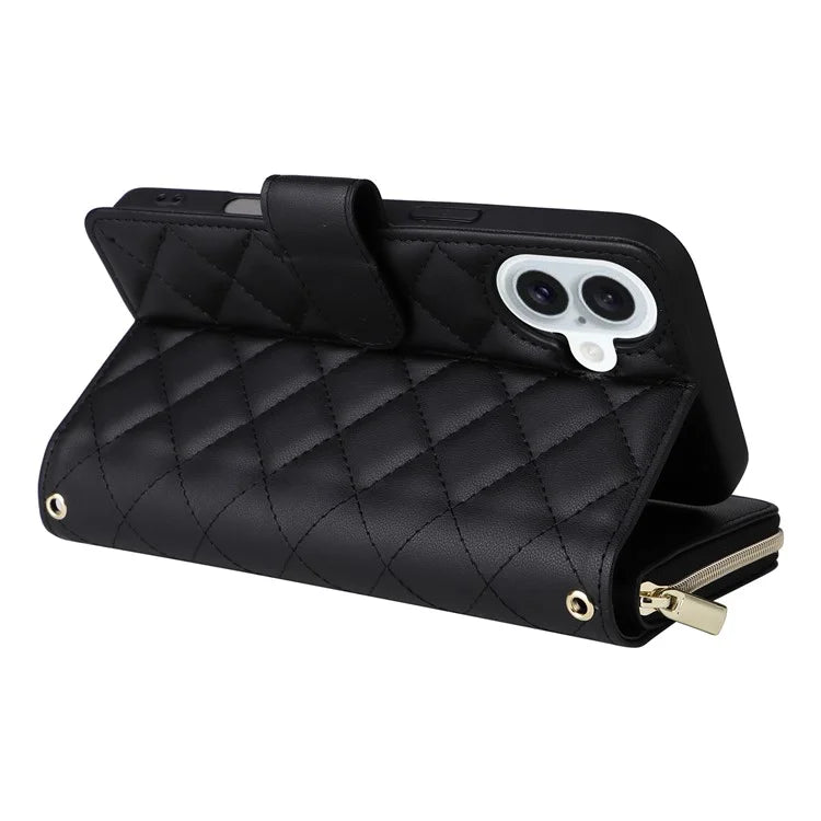 For iPhone 16 Leather Case Zipper Wallet Phone Bag with Shoulder Strap and Hand Strap