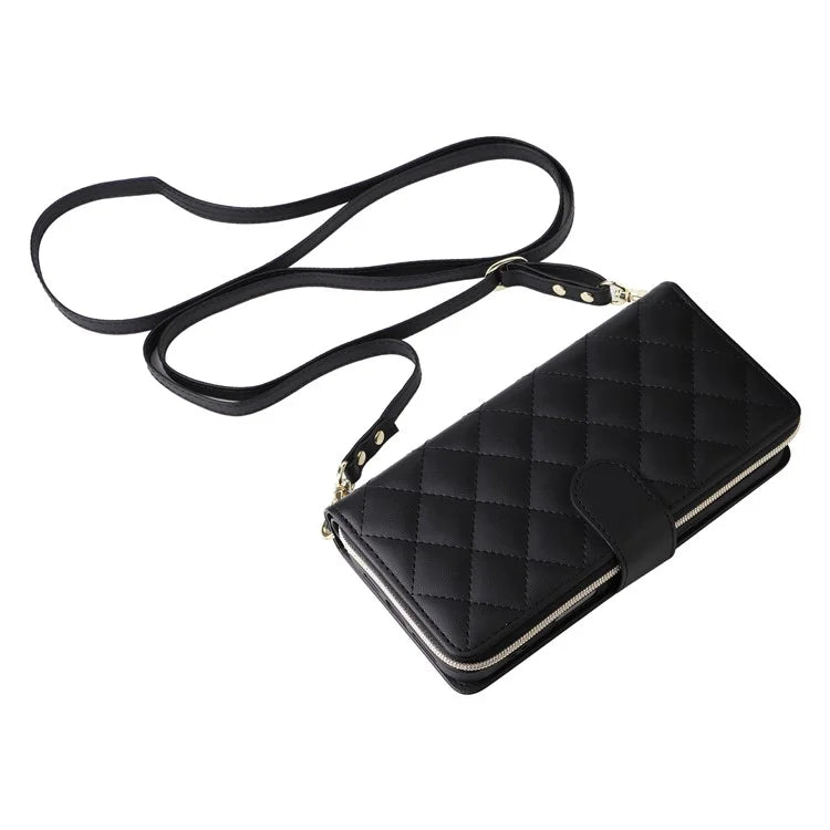 For iPhone 16 Leather Case Zipper Wallet Phone Bag with Shoulder Strap and Hand Strap