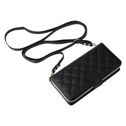 For iPhone 16 Leather Case Zipper Wallet Phone Bag with Shoulder Strap and Hand Strap