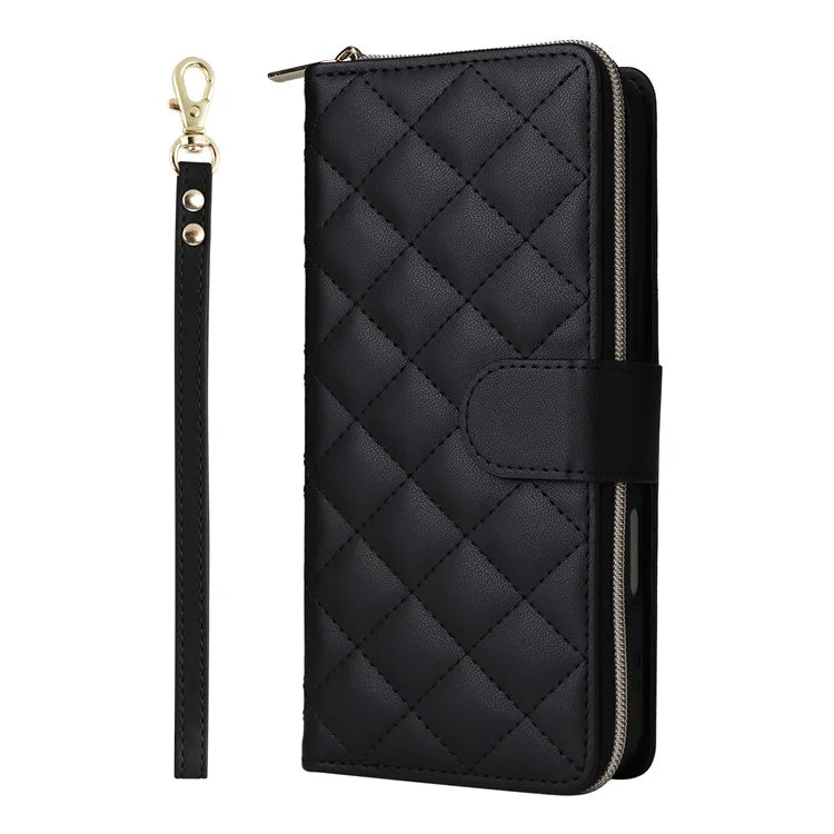 For iPhone 16 Leather Case Zipper Wallet Phone Bag with Shoulder Strap and Hand Strap