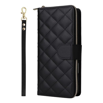 For iPhone 16 Leather Case Zipper Wallet Phone Bag with Shoulder Strap and Hand Strap