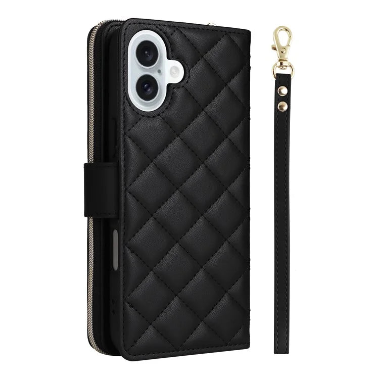 For iPhone 16 Leather Case Zipper Wallet Phone Bag with Shoulder Strap and Hand Strap
