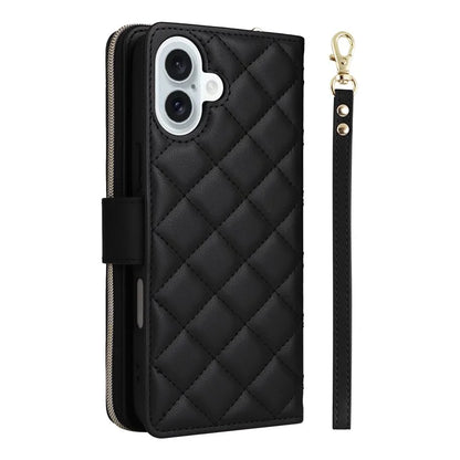 For iPhone 16 Leather Case Zipper Wallet Phone Bag with Shoulder Strap and Hand Strap
