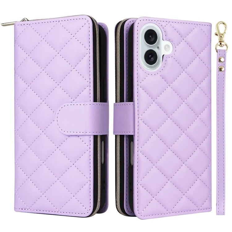For iPhone 16 Leather Case Zipper Wallet Phone Bag with Shoulder Strap and Hand Strap