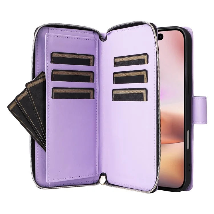 For iPhone 16 Leather Case Zipper Wallet Phone Bag with Shoulder Strap and Hand Strap