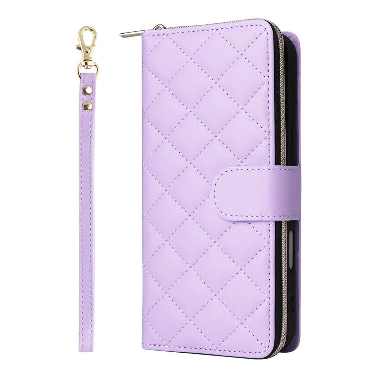 For iPhone 16 Leather Case Zipper Wallet Phone Bag with Shoulder Strap and Hand Strap