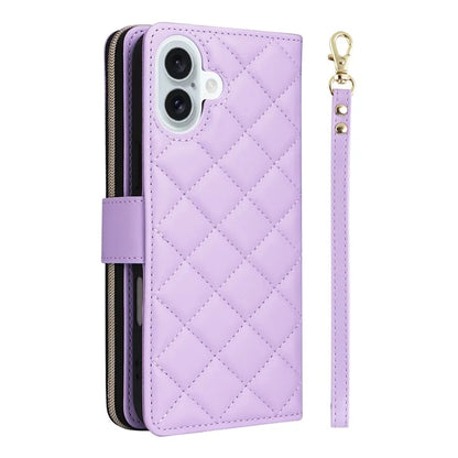 For iPhone 16 Leather Case Zipper Wallet Phone Bag with Shoulder Strap and Hand Strap
