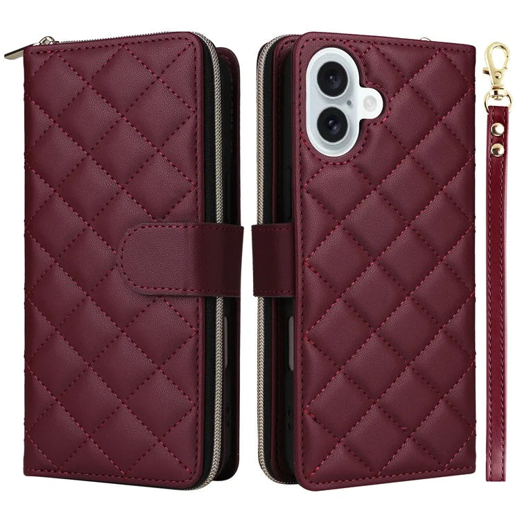 For iPhone 16 Leather Case Zipper Wallet Phone Bag with Shoulder Strap and Hand Strap