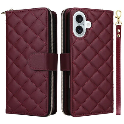 For iPhone 16 Leather Case Zipper Wallet Phone Bag with Shoulder Strap and Hand Strap