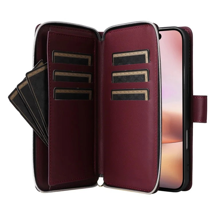 For iPhone 16 Leather Case Zipper Wallet Phone Bag with Shoulder Strap and Hand Strap