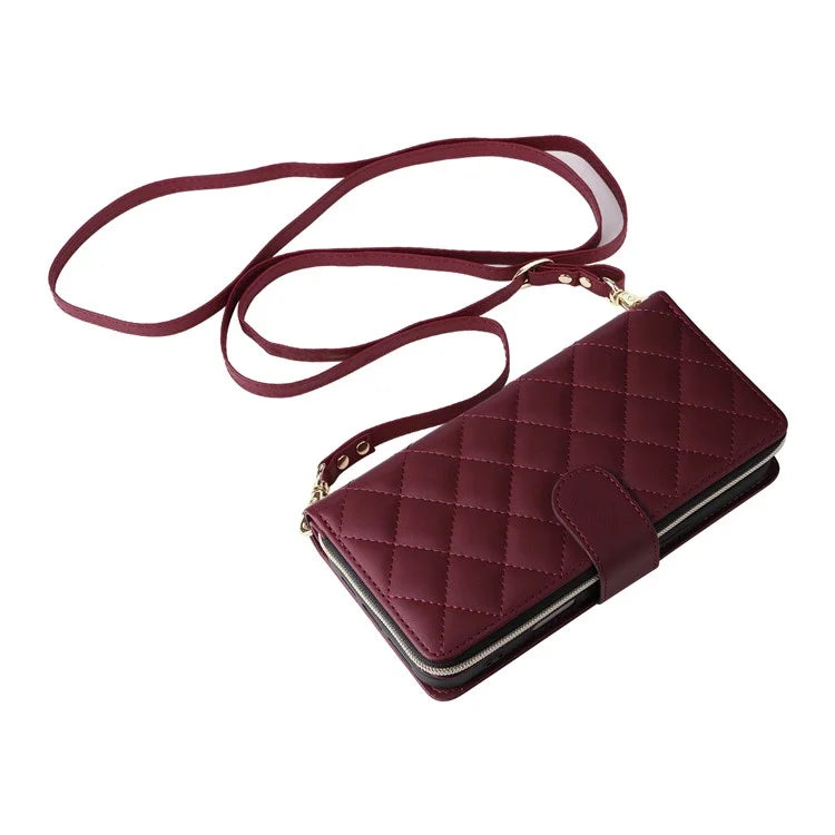 For iPhone 16 Leather Case Zipper Wallet Phone Bag with Shoulder Strap and Hand Strap
